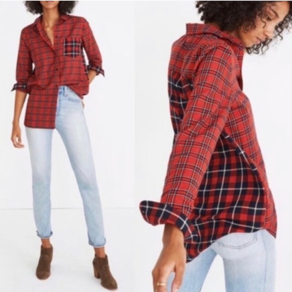 Madewell Tops - Madewell Ex-boyfriend Red Plaid Patchwork Top